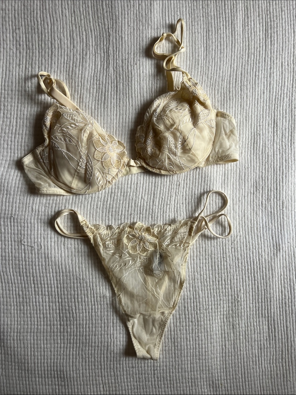 Christie’s Sheer Floral Lace Bra and Thong Set in Ivory Cream